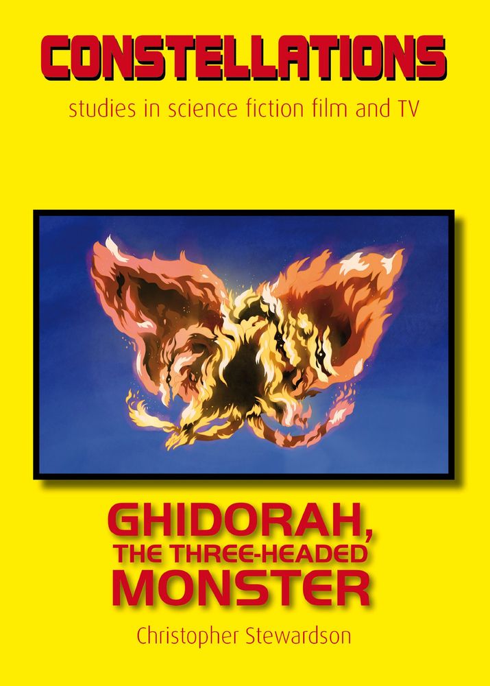 On the left, the cover of the book titled simply "Ghidorah, The Three-Headed Monster," with a bright yellow background and a still from the film showing the titular kaiju monster, which appears to be made of fire and floats in the sky.