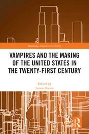 On the left, the cover of the book "Vampires and the Making of the United States in the Twenty-First Century," with an orange and white computerized line drawing of a large city with tall buildings.