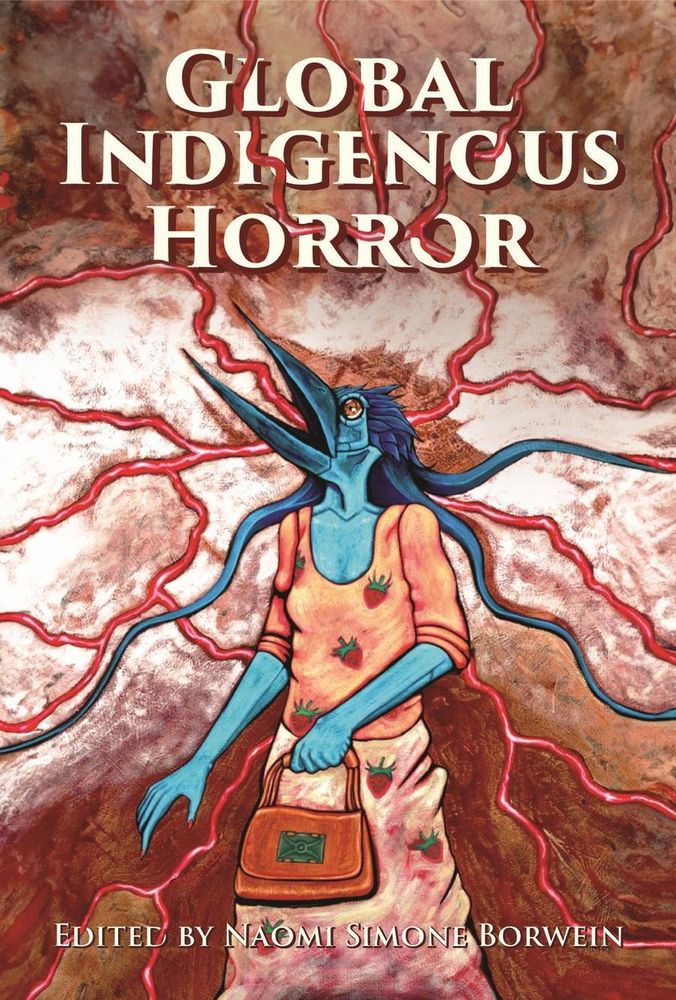 The cover of the book "Global Indigenous Horror," featuring a cartoon-like drawing of a woman with a crow head, against a backdrop of topographical map.