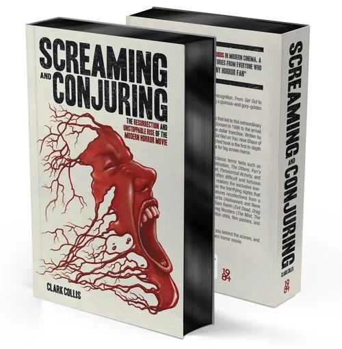 The cover of the book "Screaming and Conjuring: The Resurrection & Unstoppable Rise of the Modern Horror Movie" featuring a red-toned drawing of a screaming person's face emerging from a web of blood vessels.