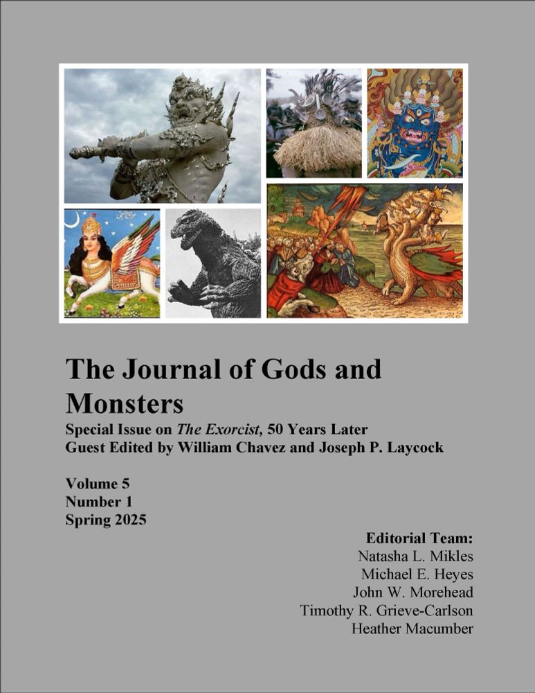 On the left, the cover of the latest issue of The Journal of Gods & Monsters which has boxes with photographs of deities and monsters from around the world.