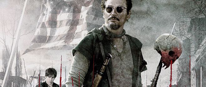 On the right, a grey-toned promotional image from the 2010 vampire movie STAKE LAND in which a dark-haired man in sunglasses who looks like he's been through a war stands in front of an American flag.