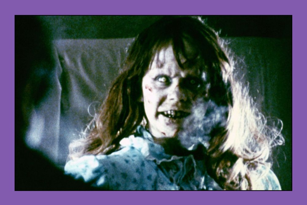 On the right, an image from the film THE EXORCIST featuring Reagan in full demon mode with a face full of wounds, whites of her eyes showing, her breath icy.