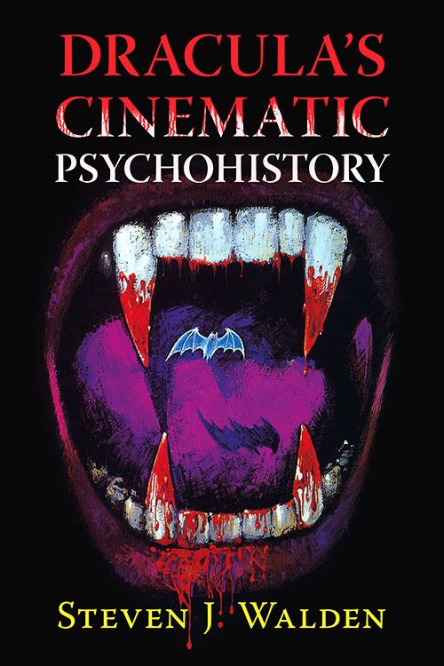 The cover of the book "Dracula's Cinematic Psychohistory" featuring a vivid red and magenta fanged vampire's mouth, opened to bite.