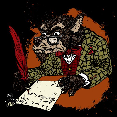A cartoon illustration of a werewolf dressed as a college professor, using a quill pen to write a letter.