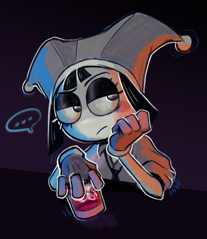 Fanart of Pomni from the amazing Digital Circus, episode 5, bar scene. She is at a table holding her glass, looking unamused.