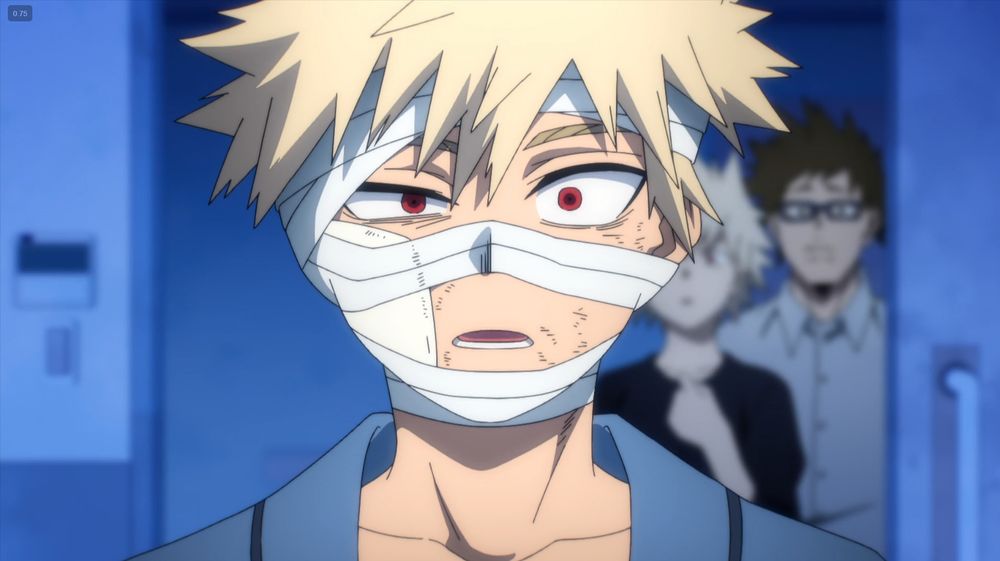 A wrapped up Bakugo with a shocked expression on his face. His parents just behind him outside the door.