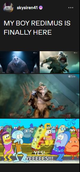 Screencap of a Tumblr post with Redimus pics from the Wondla Season 3 trailer looking like a big ferocious boy and a spongebob screencap with Spongebob yelling YES!!!! at a crowd. 