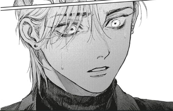Drawing of a character with dark liner around his eyes.