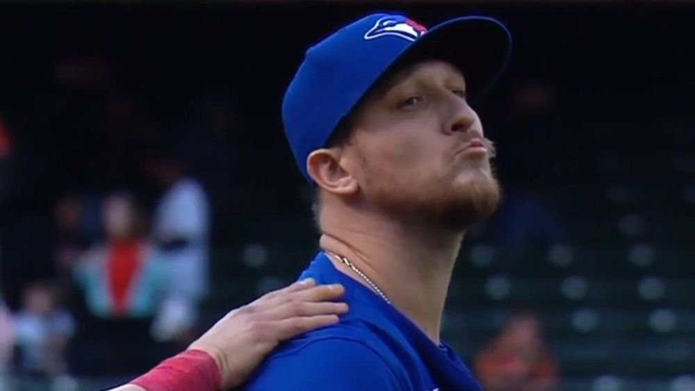 Jeff Hoffman blowing a kiss to the Orioles dugout in April.