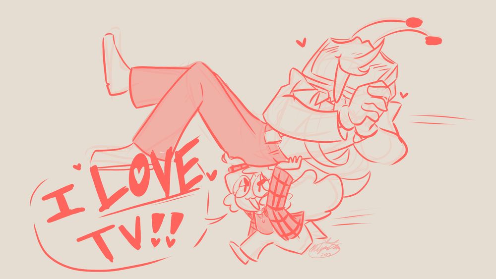 A drawing of Tenna from Deltarune, he is being carried away by a very small chibi of me. Tenna is happy and with his hands together while I am running screaming "I LOVE TV!!"