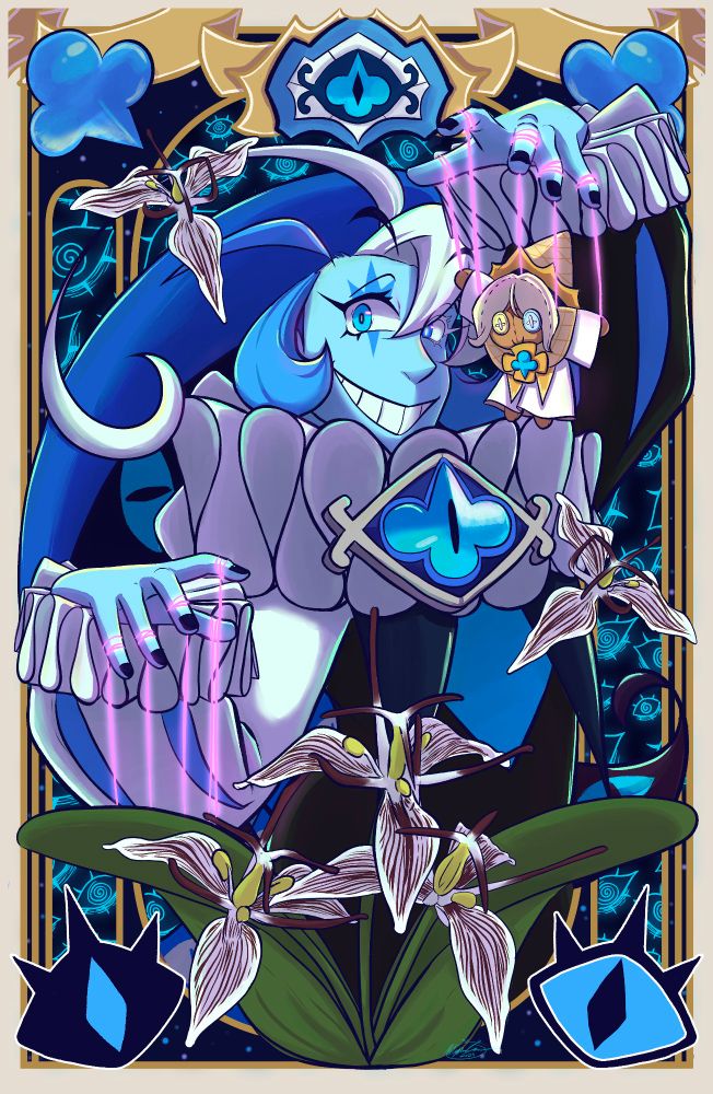 Shadow Milk cookie drawn as a human. He is in a puppeteer pose with neon pink strings attached to his fingers. At the end of the strings on his left hand is a plush of Pure Vanilla cookie. The background is themed with a gold border and blue eyes. And there are Adder Tongue flowers on the canvas as well.