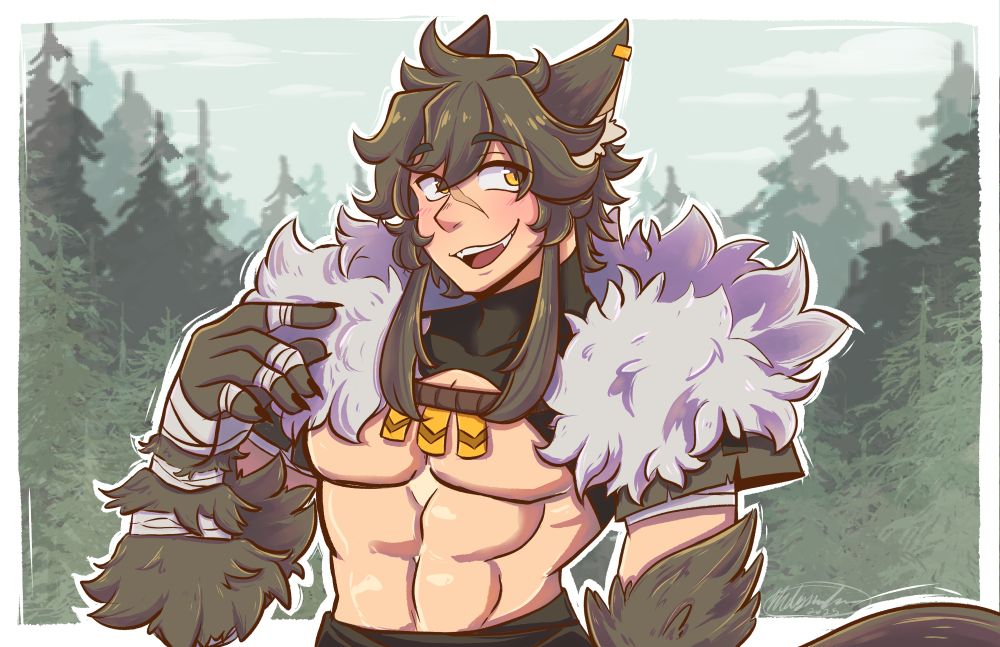 A picture of Basilwoof the Werewolf vtuber. He is standing in a relaxed neutral pose with his right arm up and looking at the viewer. Behind him is a simple forest background and sky