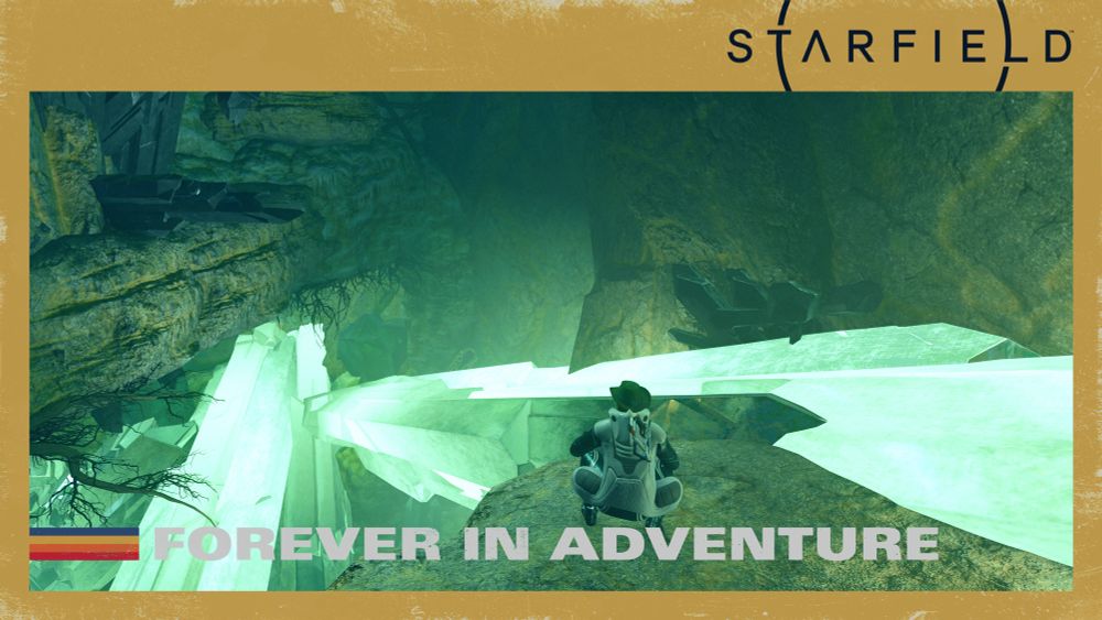A screenshot from the video game Starfield. A man is crouched looking at large glowing crystals inside of a cavern.