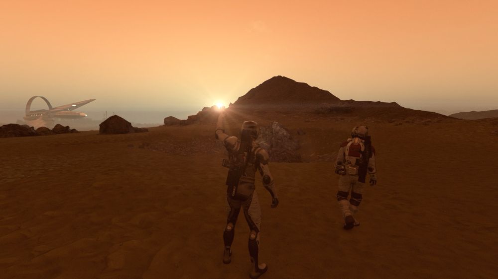 A screenshot from Starfield showing two explorers, one shielding his eyes from the sun. Their ship is resting on the horizon.