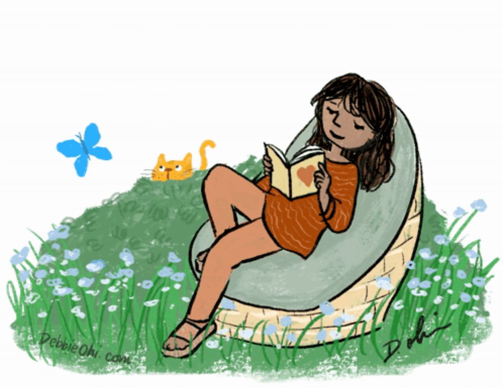 a drawing of a woman reading a book with a cat and a butterfly in the background