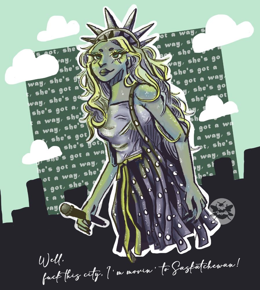 A digital illustration of chappell roan in drag as the statue of liberty. The background is green and black and features lyrics to chappell's song subway with the NYC skyline and white clouds. This image was created by Bee.