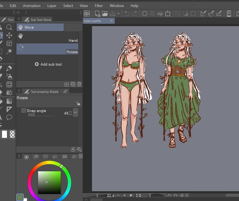 Bee has drawn a digital illustration of a character in their webcomic. the character's name is eden. They are planning outfits that will be used in the first part of the series. Eden is shown as a pale druid/elf type of build, with long white hair and in green clothes. they have forearm crutches as well.