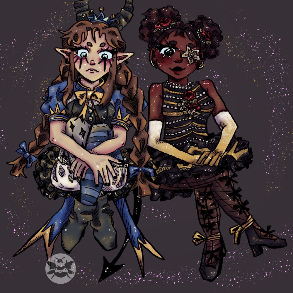 I drew Julia and Kamille from Marionetta! They are in outfits for season 2! Julia's outfit is black, blue, yellow and grey. It features missed-matching tights, a black tutu type skirt, puffy blue and yellow sleeves, and she wears horns with dramatic fun make-up.

 Kamille has on a flower eye patch, she also wears a black tutu with tights that have ribbons. She has a bodice that looks like it has golden ribs with pearls and flowers. She also has flowers in her hair.

The two girls sit side by side, with Julia looking upset/worried/nervous and Kamille smiling.