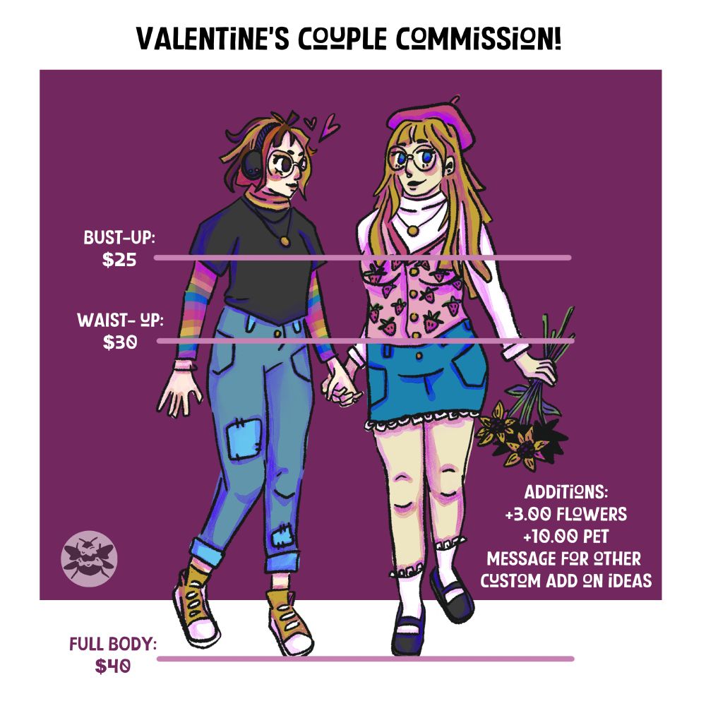This art is a Valentine’s Day Commission example of what a commission may look like and different price points and add-ons.
