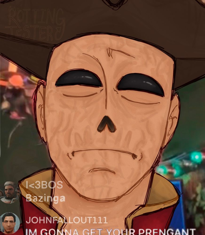 Fanart of scarred man, John Hancock, from fallout four in a meme format as he looks down at his chat where John fallout says he wants to get him pregnant.