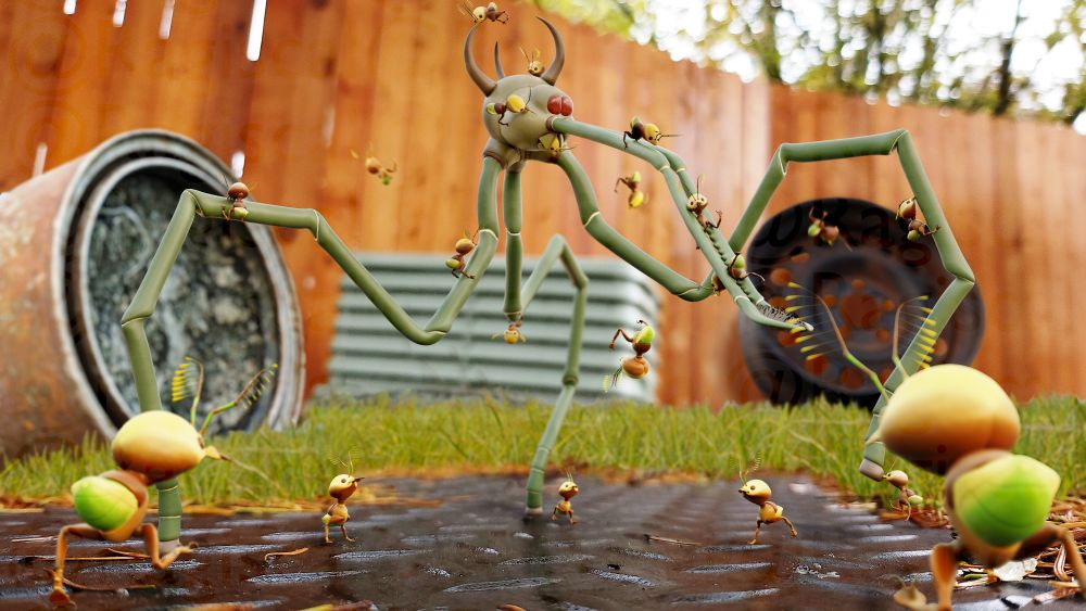 A tripedal, spider-like creature is in a skirmish with small ant-like creatures in a yard.