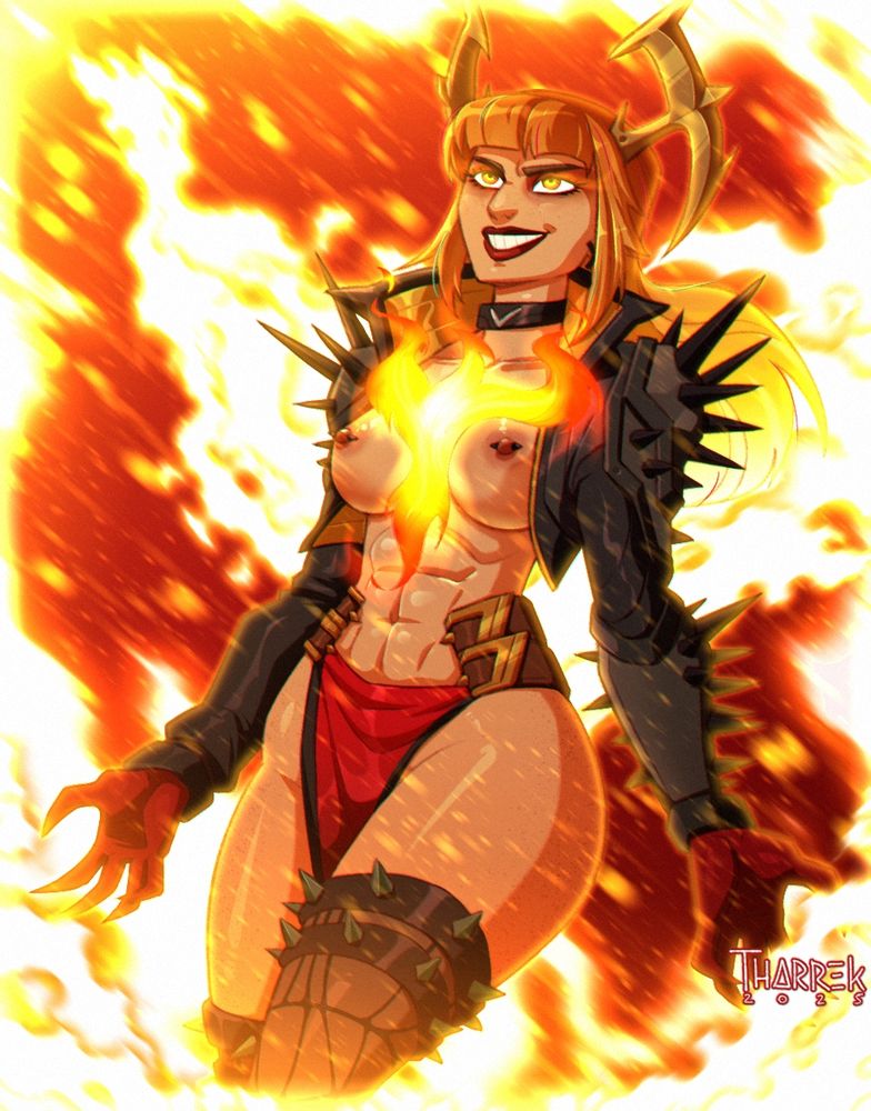 a digital drawing of magik from marvel rivals in her phoenix outfit, but with the top of her tunic missing and her breasts and abs exposed. She has fire and sparks around her and a set of fire wings behind her. she's being seen from down under and has a determined expression on her face.