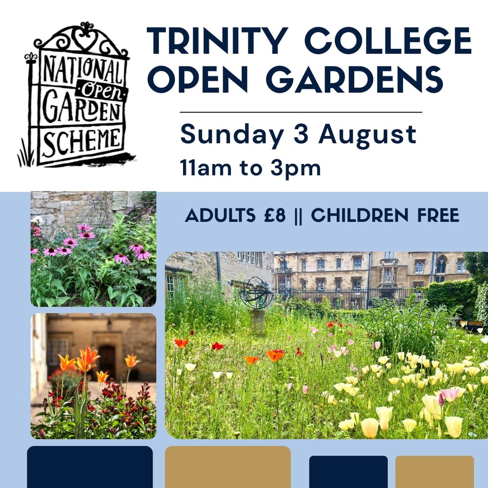 Promotional poster for Trinity College Open Gardens, part of the National Open Garden Scheme. The event is on Sunday 3 August from 11am to 3pm. Admission: Adults £8, Children Free. The design includes the NGS logo, photos of vibrant summer flowers and college gardens, and a color palette of blues, golds, and greens.