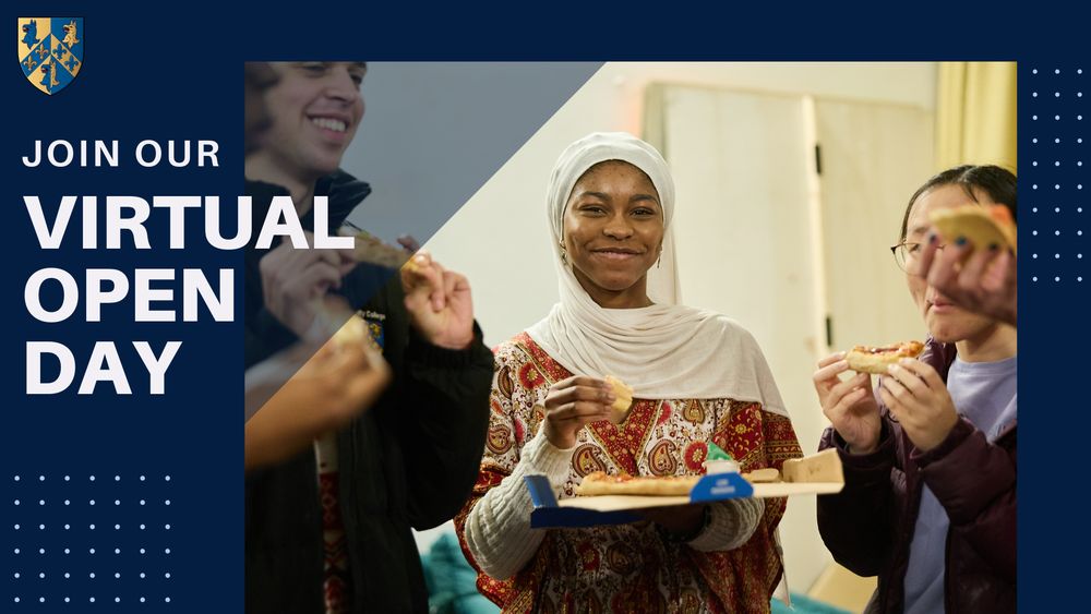 Promotional graphic for Trinity College Oxford’s Virtual Open Day. On the right, three students smile and eat pizza indoors, with one wearing a patterned dress and headscarf holding a pizza box. On the left, bold text reads 'Join our Virtual Open Day' with the Trinity College crest above.