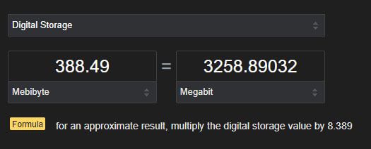 A screenshot showing the conversion rate from 388.49 mebibytes to 3258.89 megabits