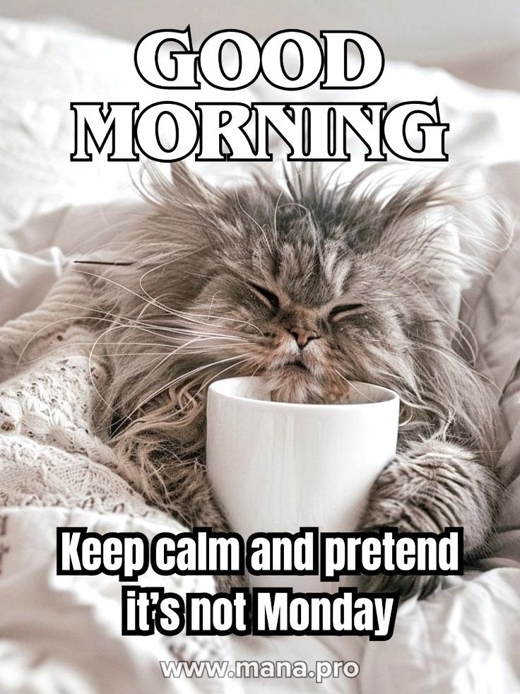 Fluffy grey cat with coffee. Caption says good morning. Keep calm and pretend it's not Monday. 