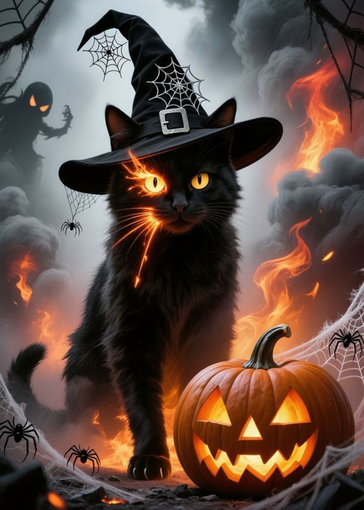 Halloween black cat with Jack o lantern  and 1 fiery eye.