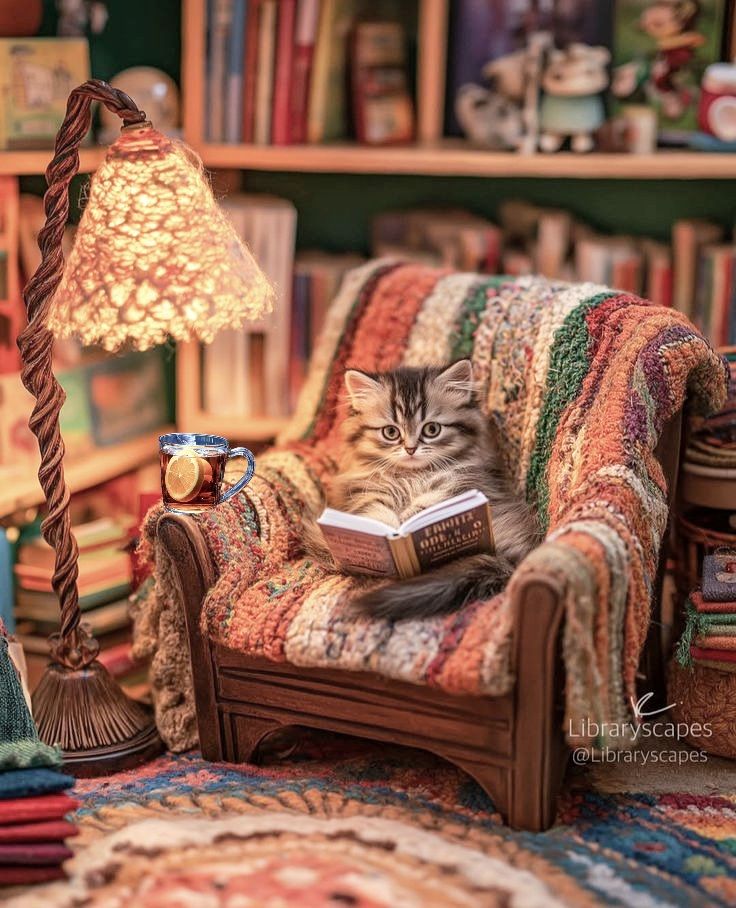 Kitten sitting in library chair with tea.