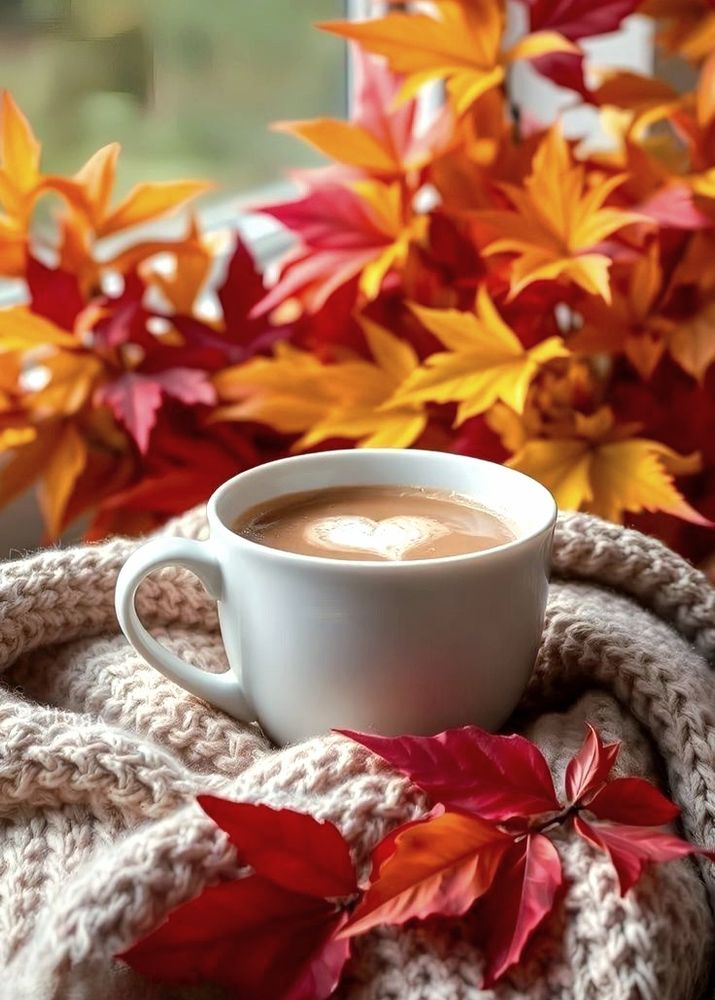 Coffee in a white cup wrapped with a beige scarf. There are fall leaves behind it.