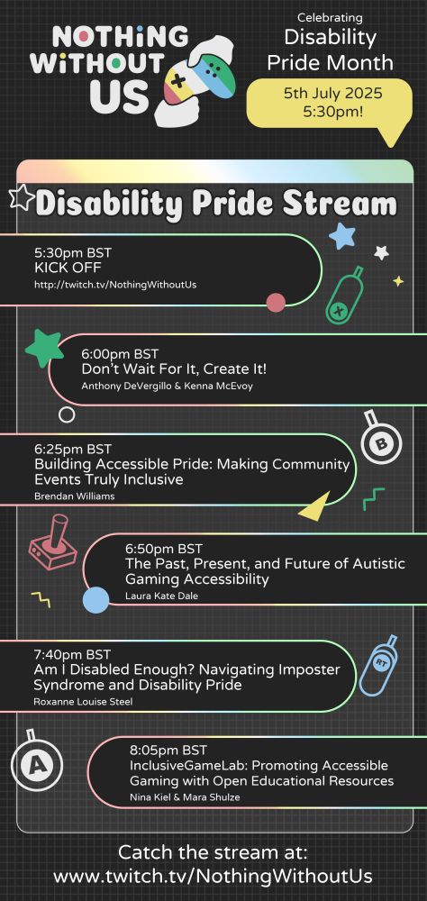 Graphic with grey background with geometric and gaming icons scattered across. The Nothing Without Us logo is at the top, and next to it is text that reads "Celebrating Disability Pride Month. 5th July 2025."
Underneath is text listing series of events:
5:30pm BST. KICK OFF. http://twitch.tv/NothingWithoutUs
6:00pm BST. Don't Wait For It, Create It! Anthony DeVergillo and Kenna McEvoy.
6:25pm BST. Building Accessible Pride: Making Community Events Truly Inclusive. Brendan Williams.
6:50pm BST. The Past, Present, and Future of Autistic Gaming Accessibility. Laura Kate Dale.
7:40pm BST. Am I Disabled Enough? Navigating Imposter Syndrome and Disability Pride.
8:05pm BST. InclusiveGameLab: Promoting Accessible Gaming with Open Educational Resources. Nina Kiel and Mara Shulze.

Underneath is larger text that reads: "Catch the stream at: www.twitch.tv/NothingWithoutUs".