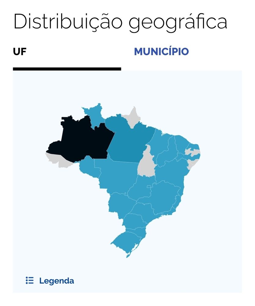 Um mapa do Brasil com a distribuição geográfica do sobrenome Mar. Todos os estados estão pintados de azul, menos Acre, Amapá, Tocantins, Pernambuco, Alagoas e Sergipe, que estão cinza. De azul mais escuro, quase preto, está o Amazonas, indicando que é o estado com mais pessoas de sobrenome Mar. 