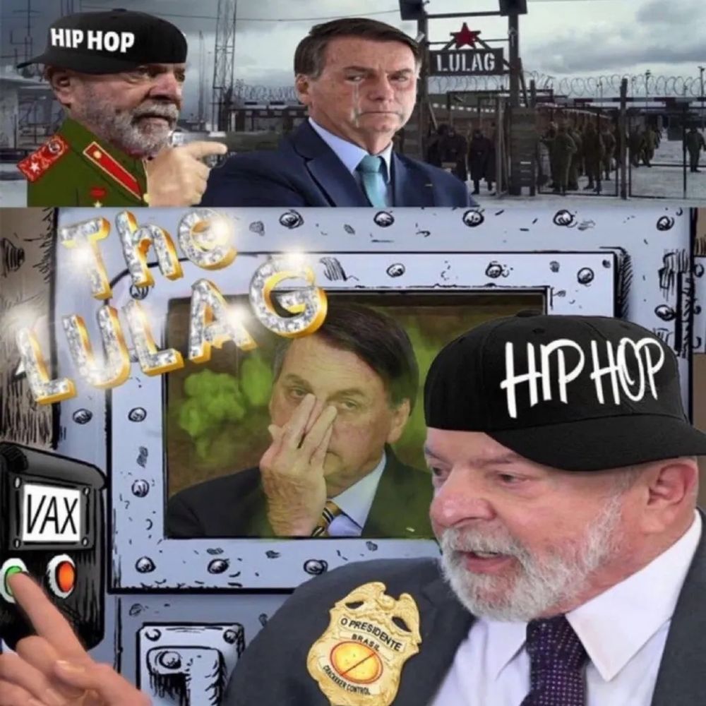 Presidente Lula com o boné escrito hip hop colocando bolsonaro na gulag escrito lulag e apertando o botão de vacinação