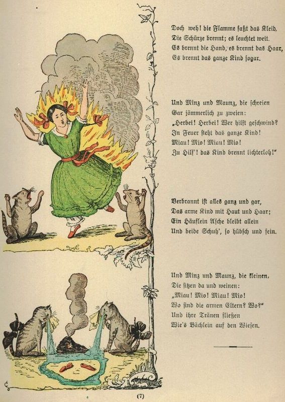 A page from a fucked-up old children's book. A girl in a green dress is on fire, and her two cats are freaking out. Then there is just a pile of smoking ashes, and the two cats are crying buckets of tears. Also there's German writing on the other half of the page.