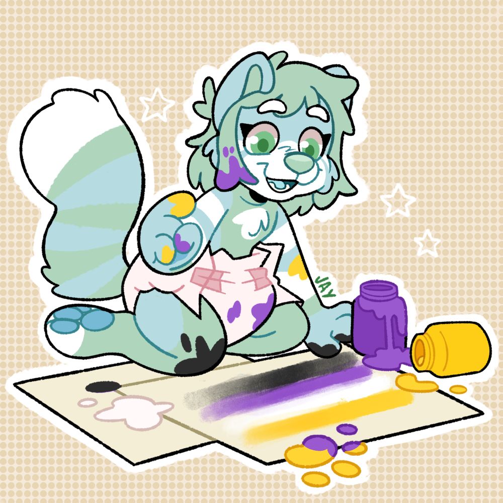 Winter the red panda kneels down in diapers and finger paints a non-binary flag on the paper below
