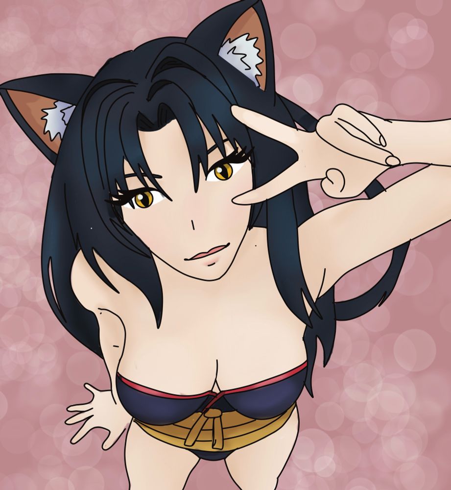 A pink background with a view from the top of Kuroka from Highschool DxD the anime 