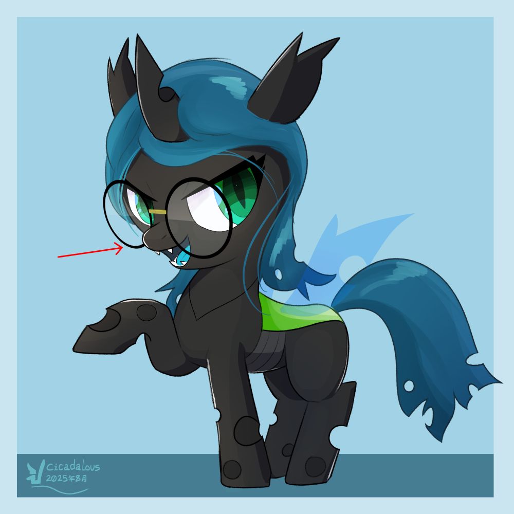 Digital artwork of a little changeling standing on 3 legs against a light blue background. Her front right leg is lifted up. She has an evil expression and is wearing round glasses. There is a red arrow pointing at her nose for some reason.