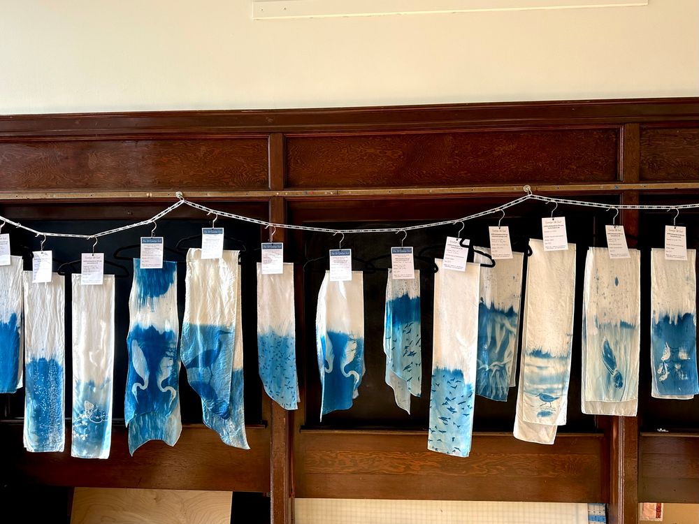 A row of cyanotype-printed silk scarves with images of wildlife 