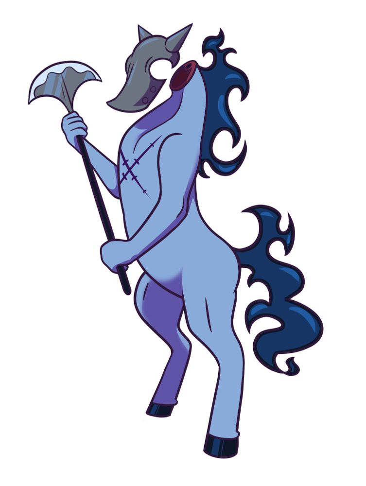 headless bipedal anthropomorphic horse with an armoured helm and top facing axe weapon