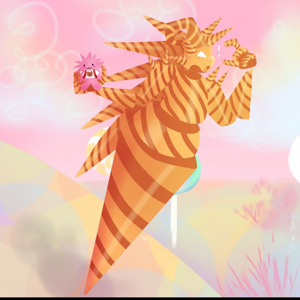 Um golem de espinhos de caramelo segurando um bichinho rosa de doce, com "cabelo" também espetado, tentando imitar o gigante. O lugar parece ser feito de coisas tão açucaradas quanto.