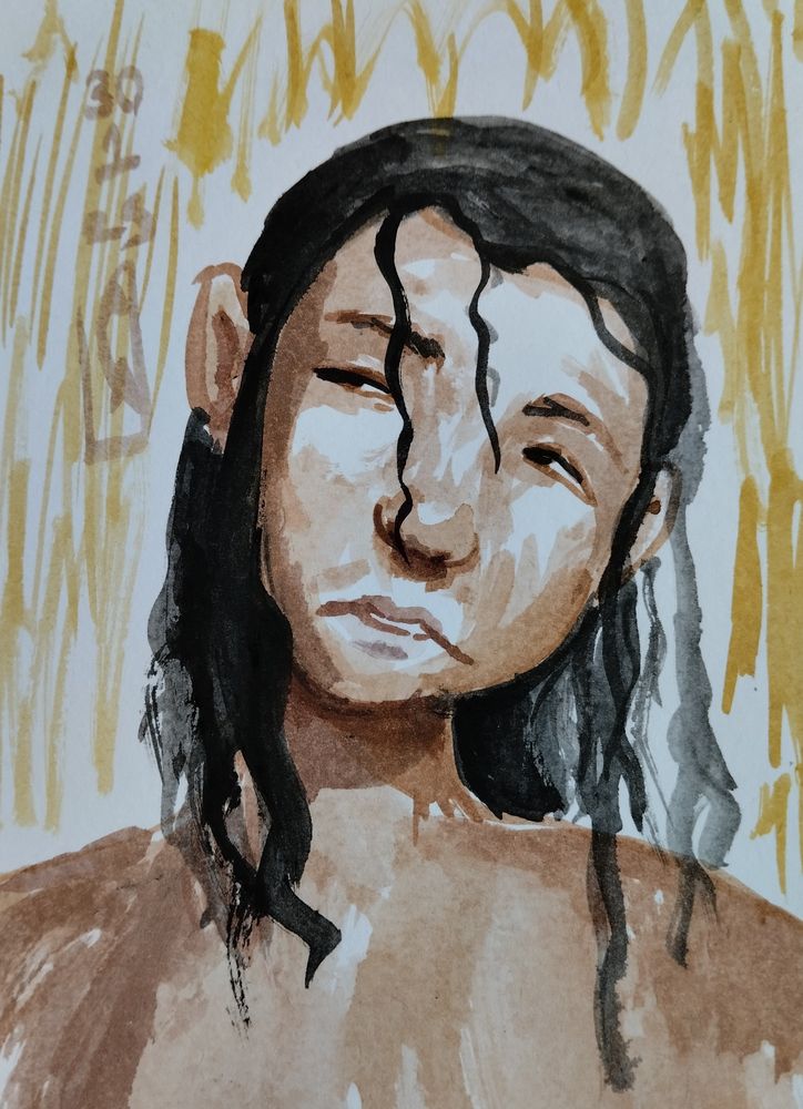 Uma moça com uma expressão apática.