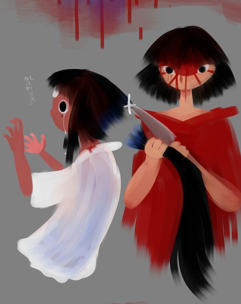 Uma mulher de vermelho corta os cabelos longos de uma mulher de branco, que está em choque e chorando. A mulher de vermelho encara a pessoa assistindo, com o rosto ensanguentado e a faca ainda em mãos. A nuca da mulher de branco tem um corte na nuca por conta disso.

A mulher de vermelho parece ter a bandeira do Japão imperial no rosto.