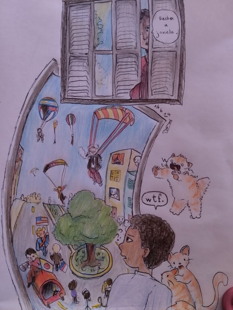 Acima, um desenho de um homem estranho em uma janela quebrada, dizendo: "Fecha a janela".

Abaixo, eu olhando incrédulo para o lado de fora de outra janela e vendo diferentes figuras políticas caírem de paraquedas na rua.
