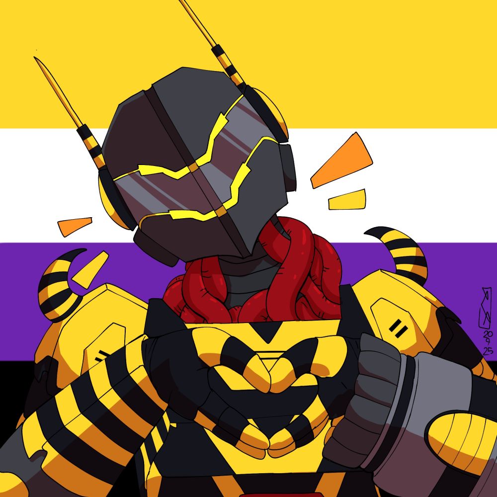 Um personagem de armadura amarela com listras pretas, usando um capacete cinza com antenas também amarelas. Ele tem um pescoço feito de tentáculos vermelhos. Ele faz um coraçãozinho para a tela de um jeito carismático. No fundo, a bandeira do orgulho não binário.