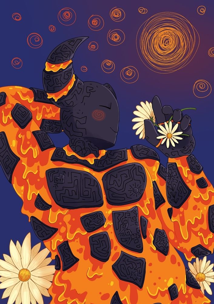 Onã, uma figura feita de lava e rochas, segurando margaridas em sua mão, com bastante cuidado para não queimá-las. Está inclinado pra trás, de olhos fechados e expressão serena.
Suas rochas tem alguns entalhes, como um sol, uma flor, um coração com as iniciais "O+Y", um retrato de Yuuka e algumas estrelas.
Há margaridas no fundo e alguns rabiscos no topo da tela, representando um céu estrelado.

(Faz um ano e ele não sai da minha cabeça socorro)