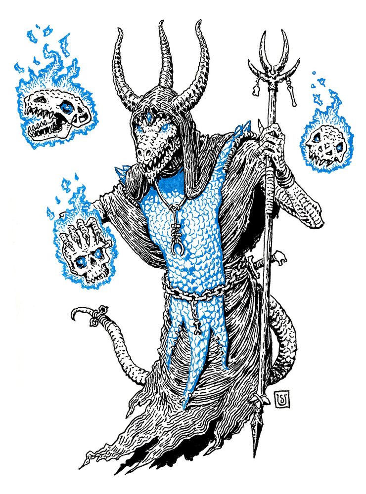 A blue reptilian necromancer with a horned headdress and lizard skin tabard is surrounded by burning, floating skulls, both human and reptilian
